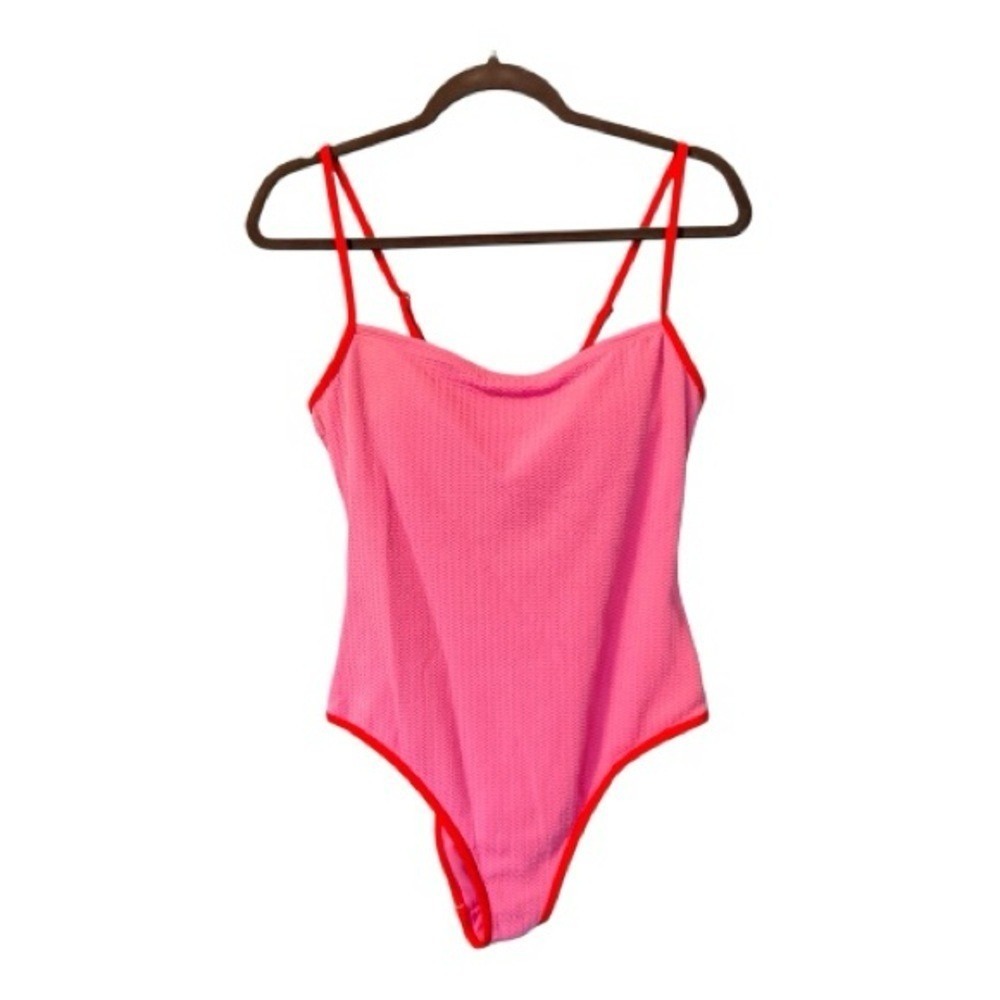 Wild‎ Fable Pink Textured One Piece Swimsuit Red Trim Adjustable Straps Large